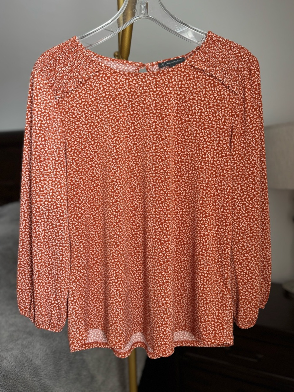 Adrianna Papell Burnt Orange Leaf Print 3/4 Sleeve Stretchy Blouse - Large